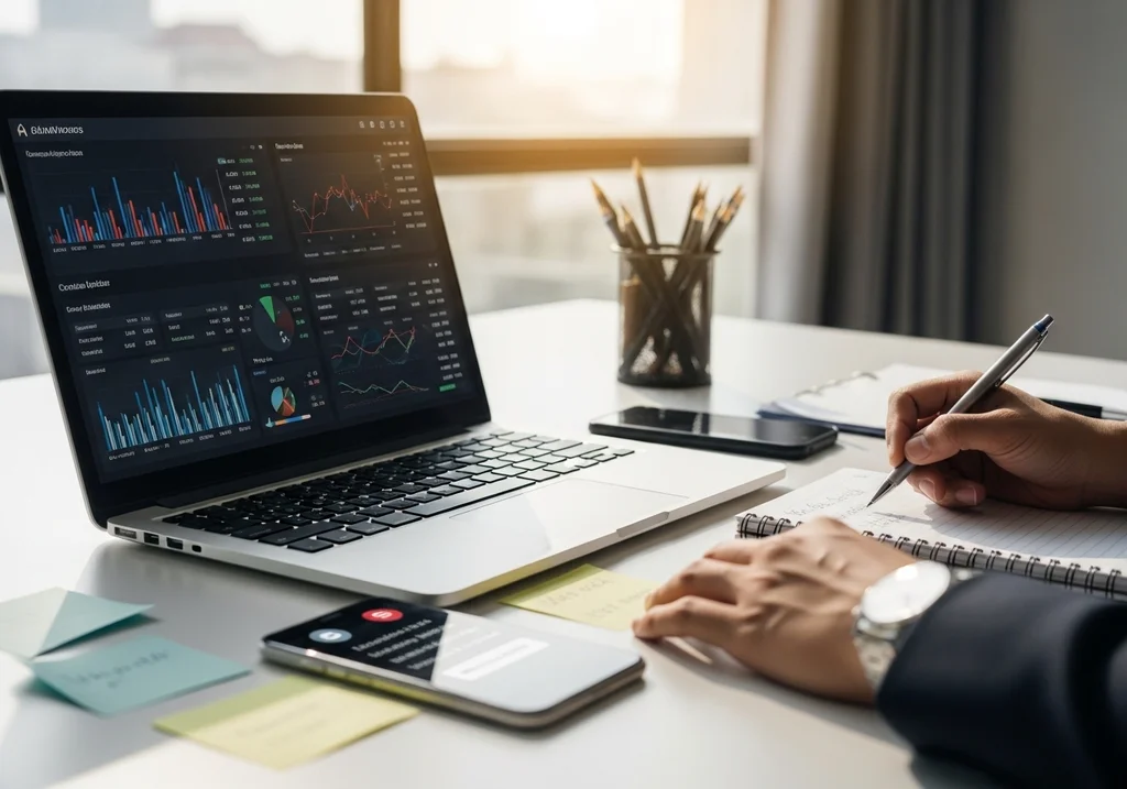 espace travail financier laptop